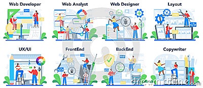 Web development concept set. Creating and presenting content Vector Illustration