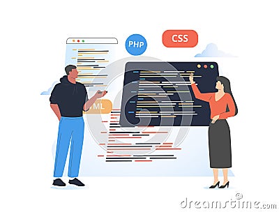 Web development creating mobile web page. Programmers making website, female and male developers working on software. Vector Illustration
