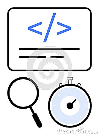 Web Development Elements with Coding Symbols, Magnifying Glass, and Stopwatch Vector Illustration