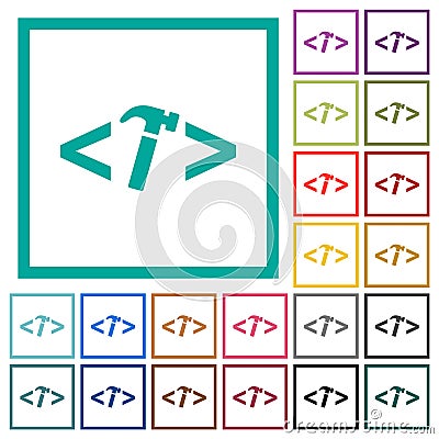 Web development with hammer flat color icons with quadrant frames Vector Illustration