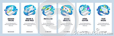 Web development, icometric computer icons, html code. Mobile app onboarding screens. Menu vector banner template for Vector Illustration