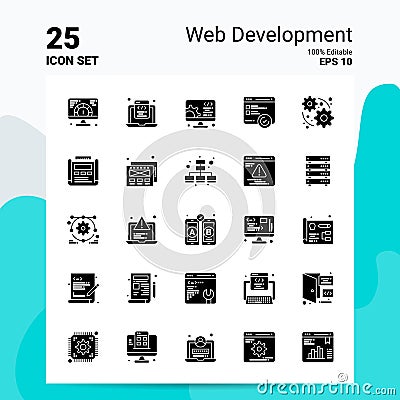 25 Web Development Icon Set. 100% Editable EPS 10 Files. Business Logo Concept Ideas Solid Glyph icon design Vector Illustration