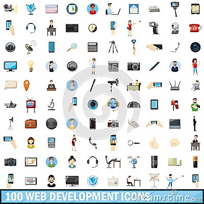 100 web development icons set, cartoon style Vector Illustration