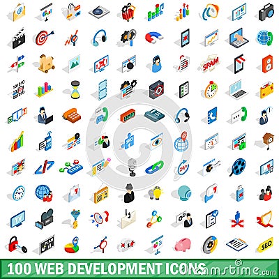 100 web development icons set, isometric 3d style Vector Illustration