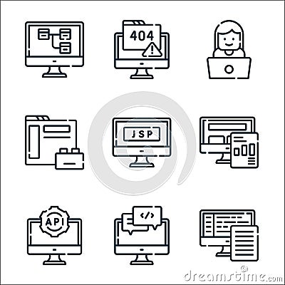 Web development line icons. linear set. quality vector line set such as backend, chat, api, report, jsp, plugin, developer, error Vector Illustration