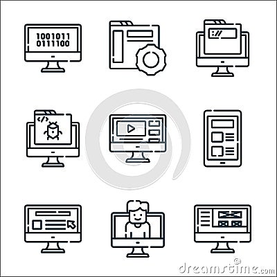 web development line icons. linear set. quality vector line set such as front end, user, website, web, video, bug, domain, Vector Illustration