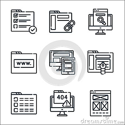 web development line icons. linear set. quality vector line set such as wireframe, error, menu, de, responsive de, website, search Vector Illustration
