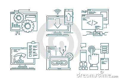 Web development line icons. Seo mobile layout web design creative process code website and app for smartphones vector Vector Illustration