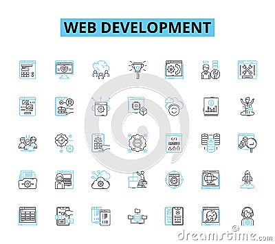 Web development linear icons set. HTML, CSS, JavaScript, PHP, Python, Ruby, TypeScript line vector and concept signs Vector Illustration