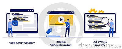 Web development, motion graphic design, software testing concept with tiny people. Website programming and coding abstract vector Vector Illustration