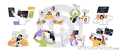 Web development processes concept set. Programmers work with bugs in code. Coders programming, testing on computer. Team Vector Illustration