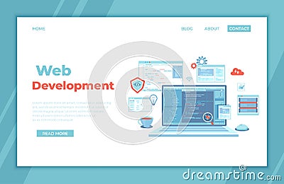 Web Development Programming Coding. laptop with program code on the screen, virtual screens, infographic elements icons. Bug fix Vector Illustration