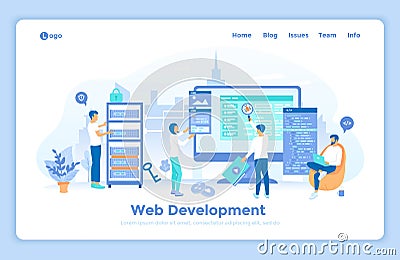 Web Development Programming Coding. Programmers team are working on a new website. Monitor, program code, server. landing web page Vector Illustration