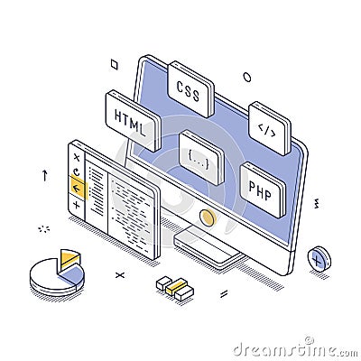 Web development tools and elements in a digital workspace environment isometric line art Vector Illustration