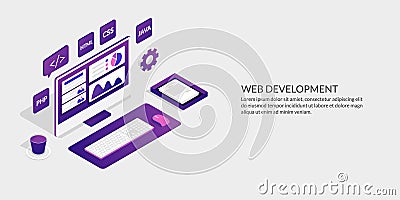 Web development & user interface design concept, isometric website development tools Stock Photo