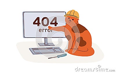 404, web error, page not found mistake, website access failure. Wrong failed webpage design with cute funny cat. Loading Vector Illustration