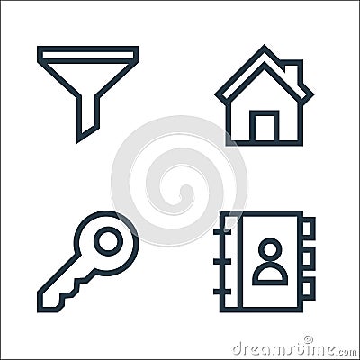 web essentials line icons. linear set. quality vector line set such as adress book, key, home Vector Illustration