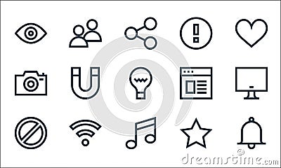 web essentials line icons. linear set. quality vector line set such as alarm, musical note, prohibition, favorite, wifi, camera, Vector Illustration