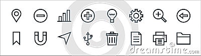 Web essentials line icons. linear set. quality vector line set such as file, file, usb, bookmark, zoom in, bar chart, idea, minus Vector Illustration