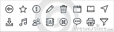 web essentials line icons. linear set. quality vector line set such as funnel, message, adress book, download, laptop, warning, Vector Illustration