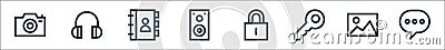Web essentials line icons. linear set. quality vector line set such as message, image, key, lock, speaker, adress book, headphone Vector Illustration