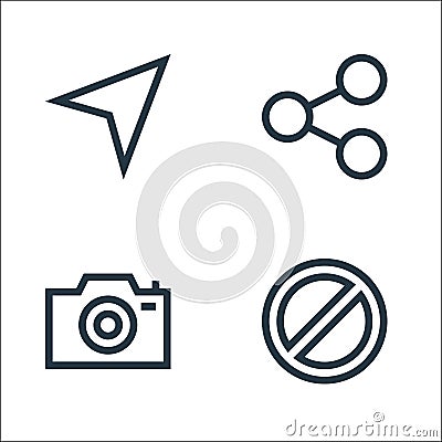 Web essentials line icons. linear set. quality vector line set such as prohibition, camera, share Vector Illustration