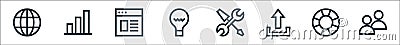 web essentials line icons. linear set. quality vector line set such as users, lifesaver, upload, settings, idea, browser, bar Vector Illustration