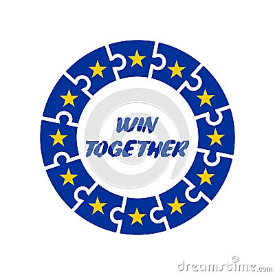 EU unity concept. EU flag in the form of a puzzle with the text Win Together. Puzzle of twelve pieces. Stock vector. Vector Illustration