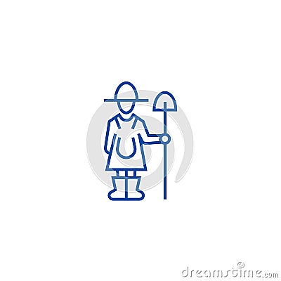 Female farmer with shovel line icon concept. Female farmer with shovel flat vector symbol, sign, outline illustration. Vector Illustration