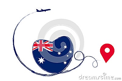 Flag Australia. Heart, love romantic travel. Symbol of airplane, air plane, aircraft, aeroplane, flying, fly jet airline. Vector Illustration