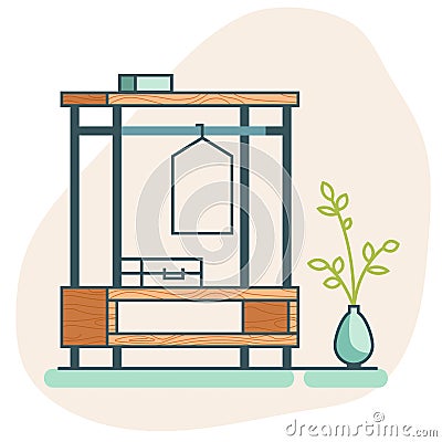 Flat icon isolated. Wooden loft wardrobe icon with a suitcase and a hanger. Flat vector closet icon. Vector Illustration