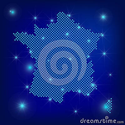 France map in blue. Dotted map. Dots France map with spotlights on dark blue background. Global social network. Blue futuristic Vector Illustration