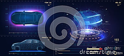 Future car in abstract style on blue background. Futuristic vector HUD GUI UI interface screen design. Automotive Vector Illustration