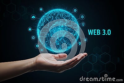 WEB 3.0 Futuristic Globe in Hand, Interconnected Network, Hexagonal Background Stock Photo