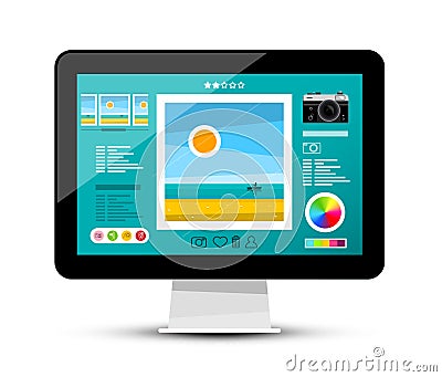 Web Gallery on Screen. Photo Editing Software on Computer Monitor. Vector Illustration