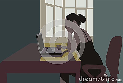 Girl works on a laptop at the table. Cartoon Illustration