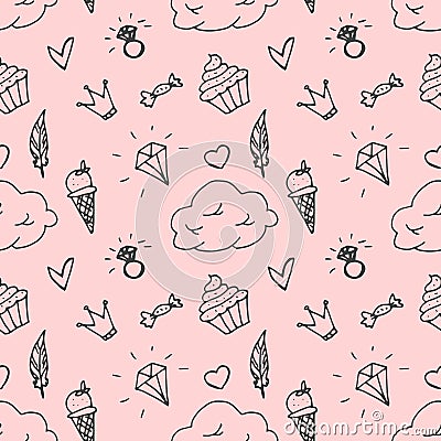 Girly doodle pattern with diamonds, hearts, rings, cakes, sweets, clouds. Cartoon Illustration