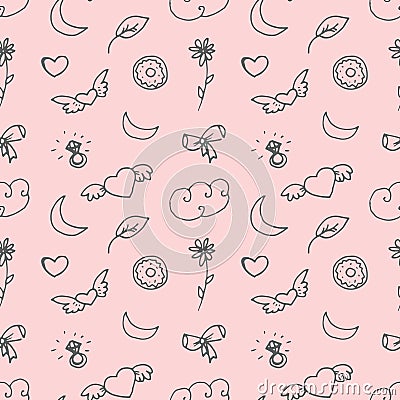 Girly doodle pattern with diamonds, hearts, rings, cakes, sweets, clouds. Cartoon Illustration