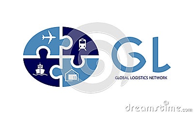 Global logistics network. Map global logistics partnership connection. Puzzle ellipse from four elements and logistics icons Vector Illustration