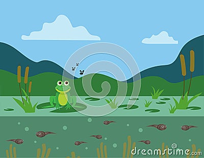 Green frog, flies fly by Cartoon Illustration