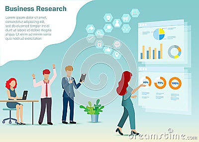 Group of research and development man and woman analysing business from virtual graph charts. Vector Illustration