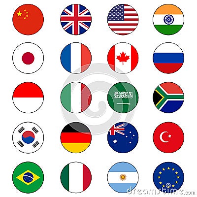 Group of Twenty 20 or G20 Flag Icon Set Vector Circle push buttons for global political cooperation and diplomacy. Vector Illustration