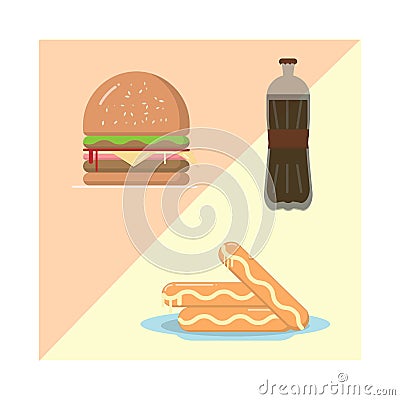 Hamburger Sausage Soft Drink Food and Beverage Vector Cartoon Illustration