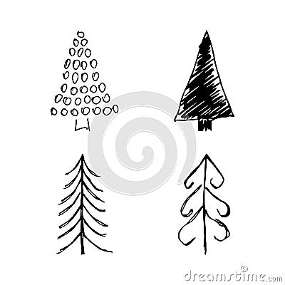 Set of four monochrome sketched illustrations of firs Vector Illustration