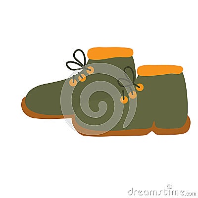 Hand drawn vector illustration of green hiking boots. Vector Illustration