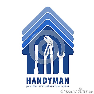 Handyman concept in blue. Professional services of a universal foreman. Silhouette of home Stock Photo