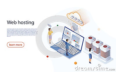 Web hosting concept with character. Big data flow processing concept, cloud data base. Concept cloud computing, data Vector Illustration
