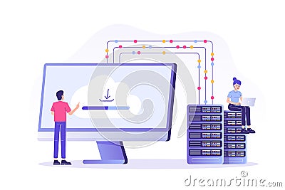 Web hosting concept with people characters. Online database, server, web data center, cloud computing, technology, computer, Cartoon Illustration