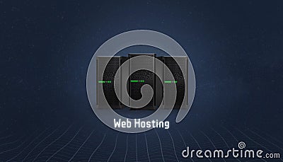 Web hosting concept with three servers and web hosting text below Stock Photo