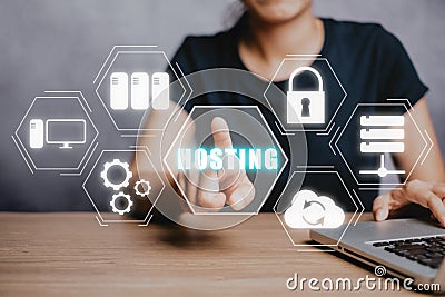 Web hosting concept, Woan using computer and presses his finger on the virtual screen inscription Hosting on desk, Internet, Stock Photo